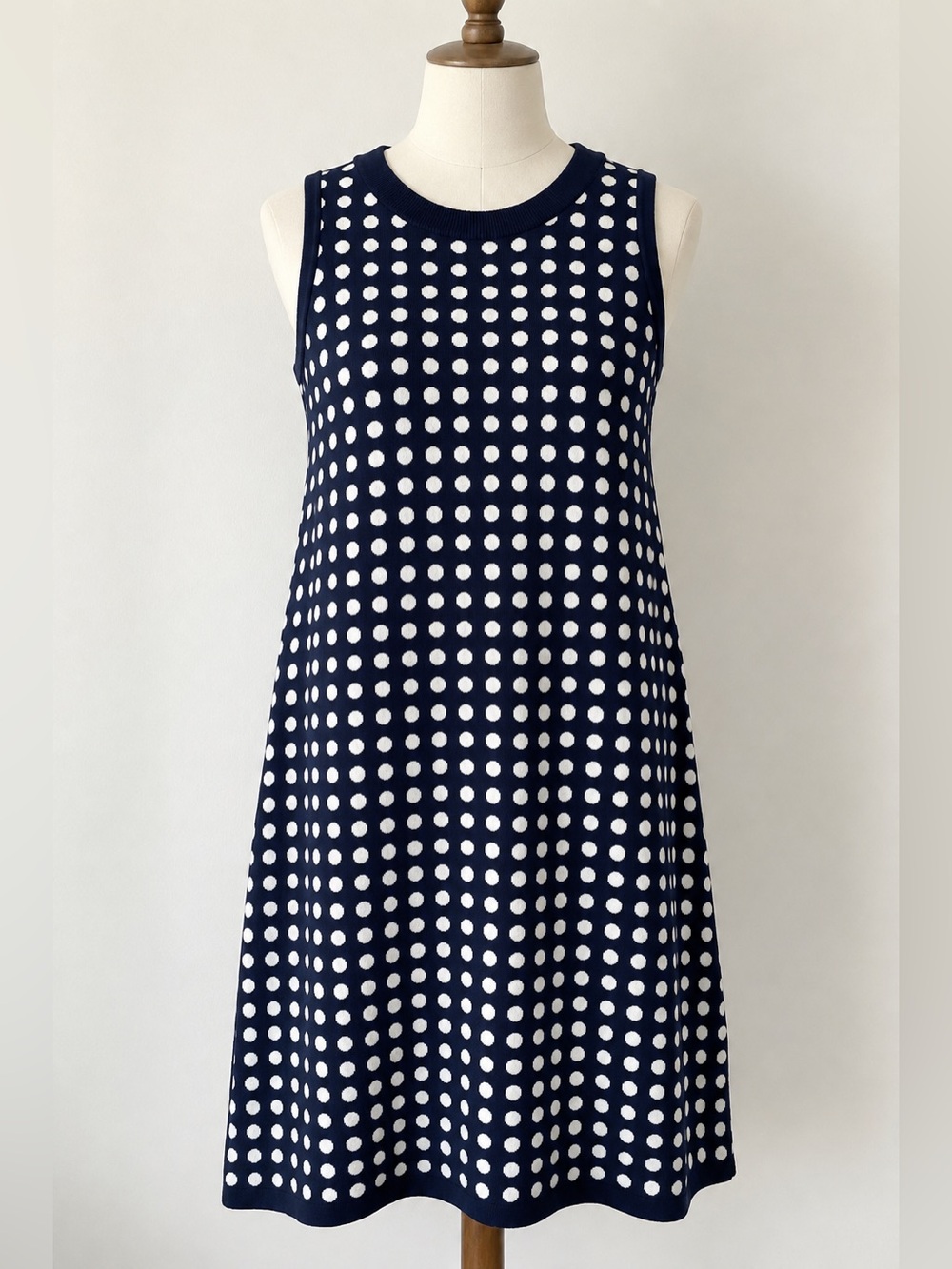 LOFT Medium Navy White Polka Dot Knit Sleeveless A Line Sweater Dress Fall
